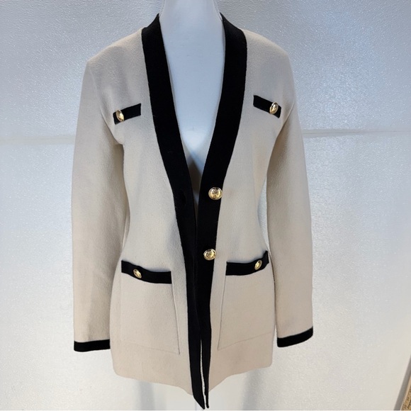 Express Cream Black Trim Cardigan Sweater Gold Buttons Size S - Picture 3 of 17